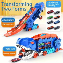 (With 8 Cars) Dinosaur Ultimate Hauler Track Toy, Transport Dinosaur Truck With Foldable Sliding 25-Inch Race Track