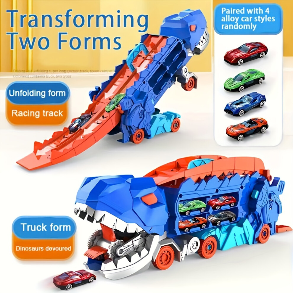 (With 4 Cars) Dinosaur Ultimate Hauler Track Toy, Transport Dinosaur Truck With Foldable Sliding 25-Inch Race Track