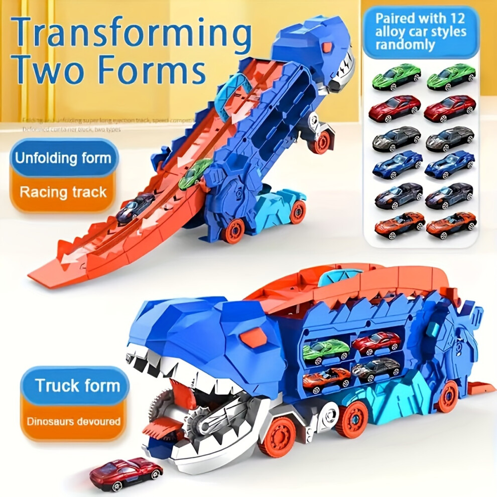 Mdsrjone (With 12 Cars) Dinosaur Ultimate Hauler Track Toy, Transport Dinosaur Truck With Foldable Sliding 25-Inch Race Track Blue