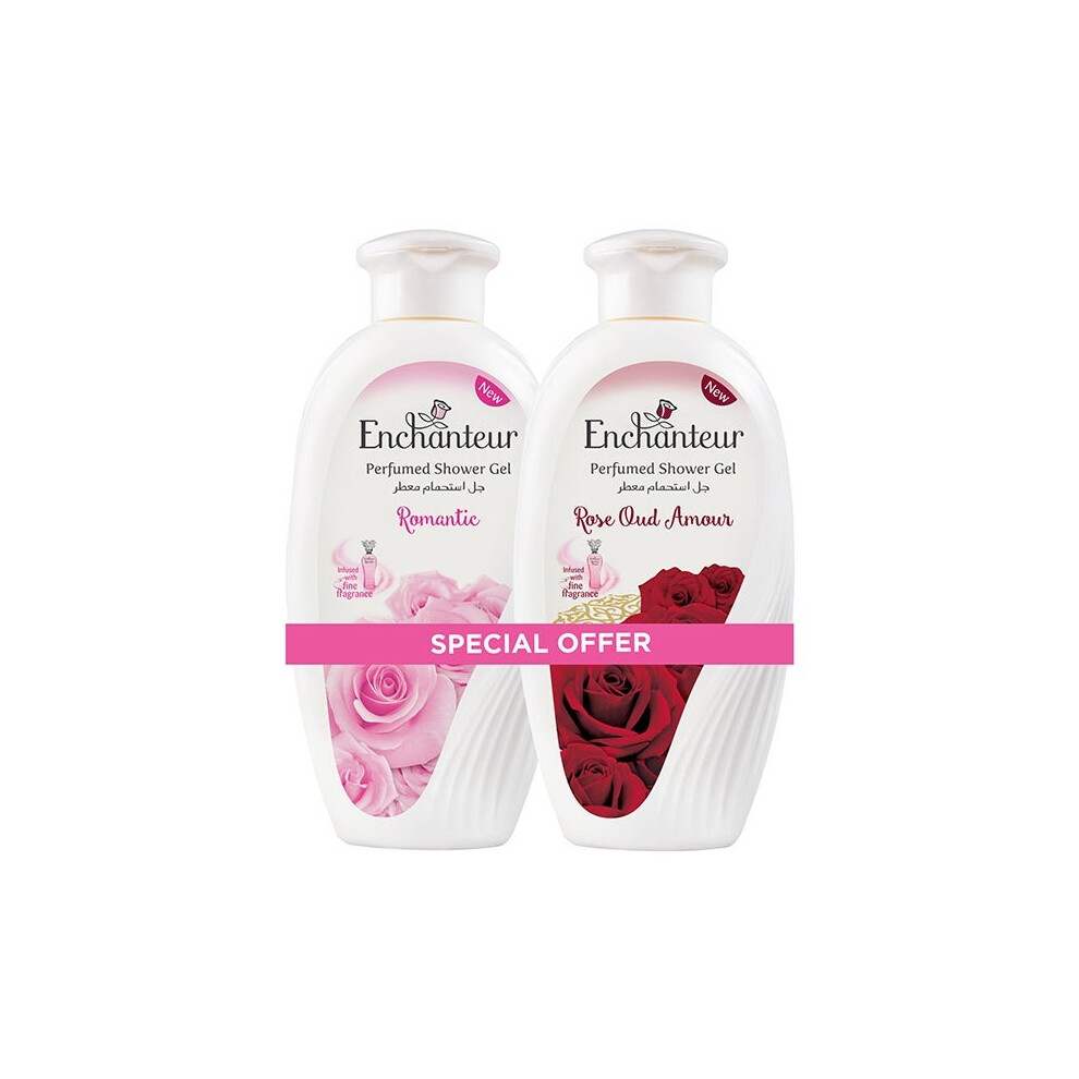 Enchanteur Perfumed Shower Gel Romantic & Rose Oud Amour Shower Gel 250ml Pack of 2 | Body Wash | Gentle Cleanser | Unisex