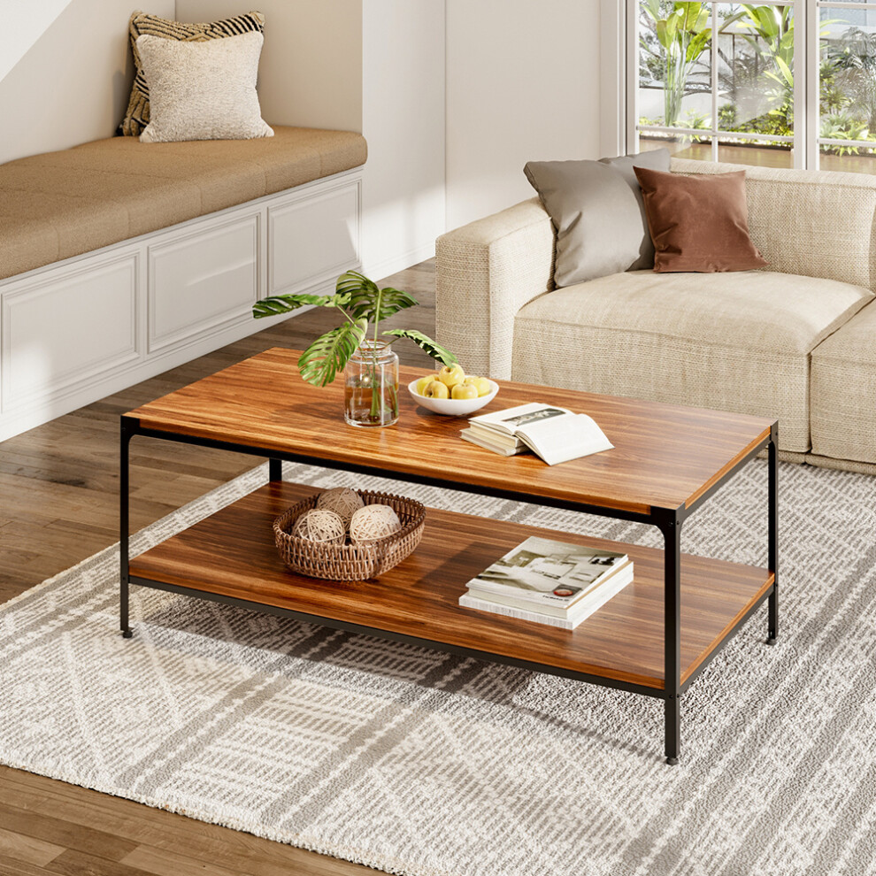 2-Tier Rectangular Walnut Finish Coffee Table,122*60*46cm