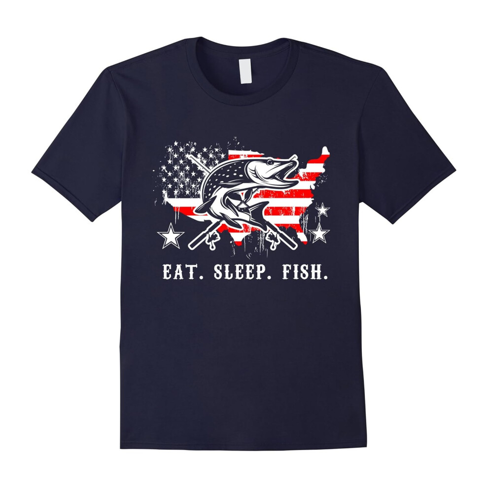 (L) Eat Sleep Fish American Flag Tee Love Fishing Shirt T Shirts-Father's Day