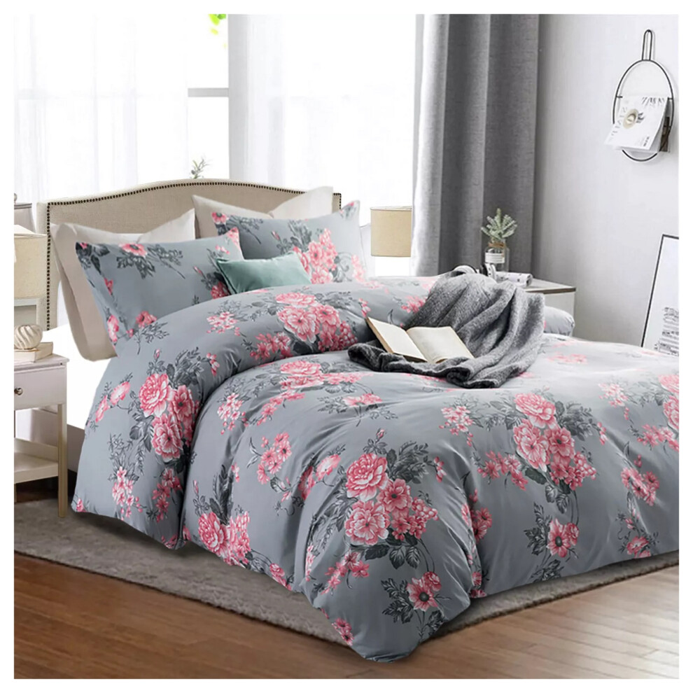 (Bouquet- Grey Bedding Sets) Reversible Duvet Cover Quilt King Size Bedding Sets