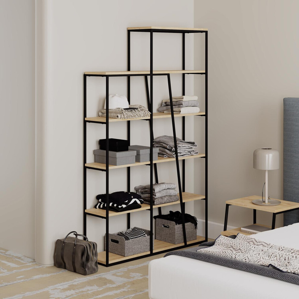 FWStyle Bookshelf Shelving Unit Natural Oak Black Metal Modern Industrial Style