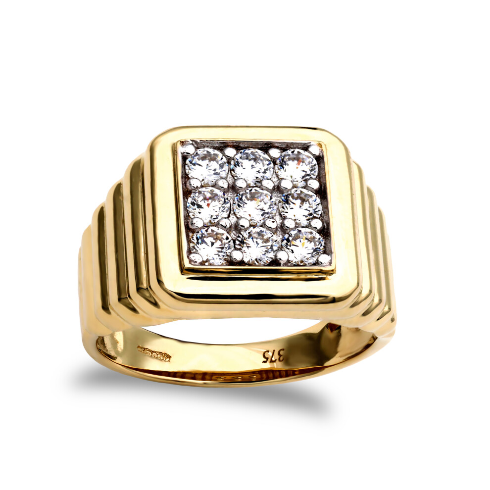(R) Jewelco London Men's Solid 9ct Yellow Gold White Round Brilliant Cubic Zirconia 9 Stone Square Cluster Ribbed Signet Ring