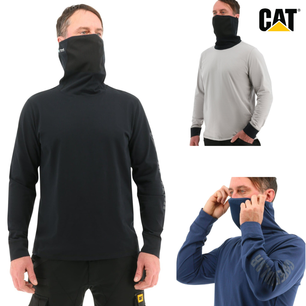 (Detroit Blue, Small) Caterpillar Mens ViralOff Long Sleeve Gaiter Tee with Face Covering Top Shirt CAT