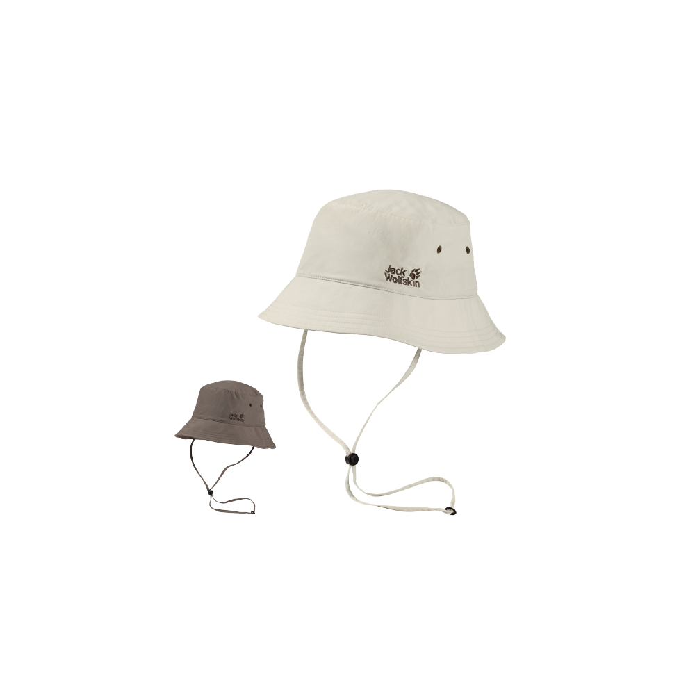 (White Sand, Medium) Jack Wolfskin Bucket Hat w Chin Strap Supplex Sun Hat Fishing Hiking UV Protection