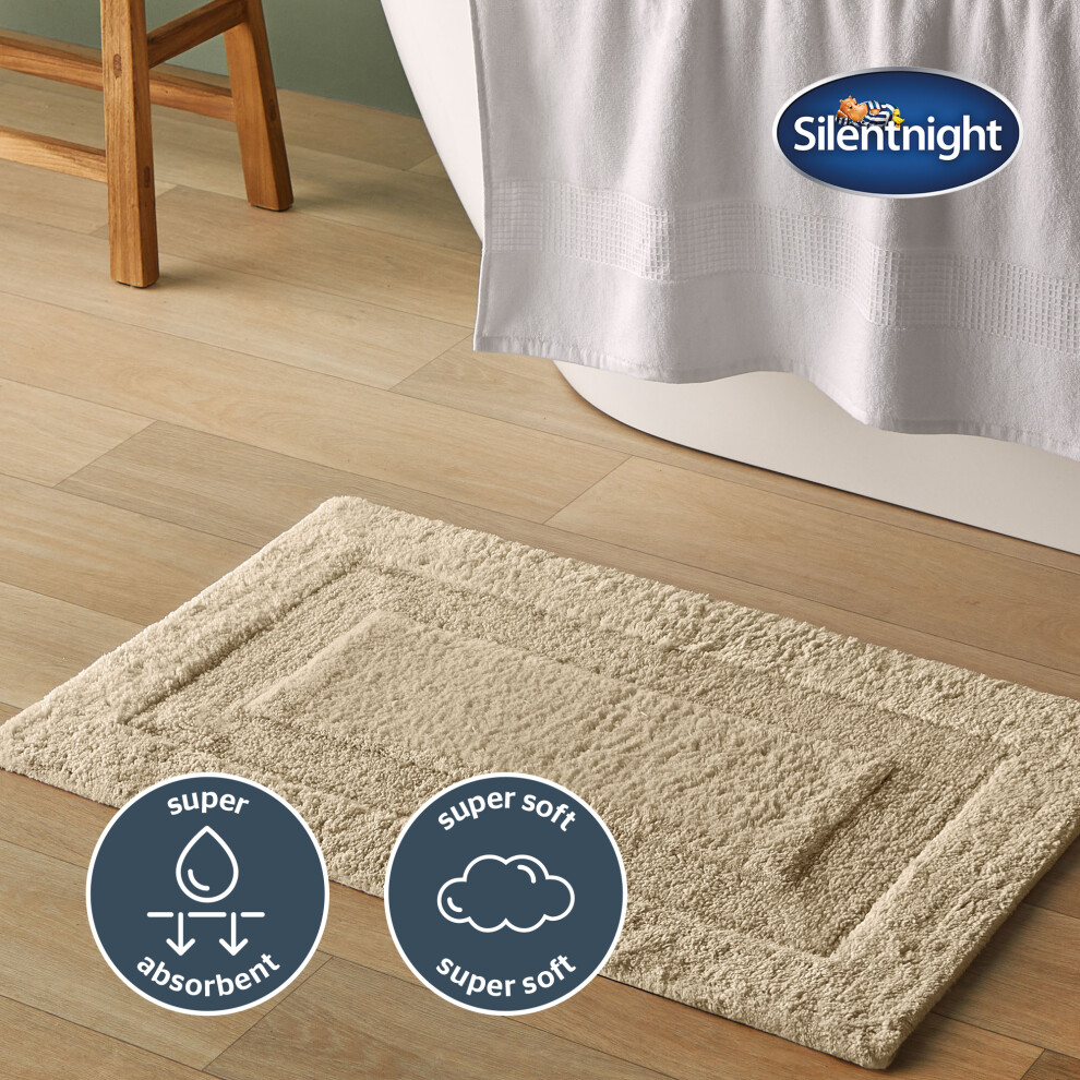 (Natural) Silentnight Supersoft Bathmat Super Soft & Absorbent 100% Cotton BCI - Quick Drying Plush Texture Non-Slip Base Bathmat - 80 x 50cm - Machin