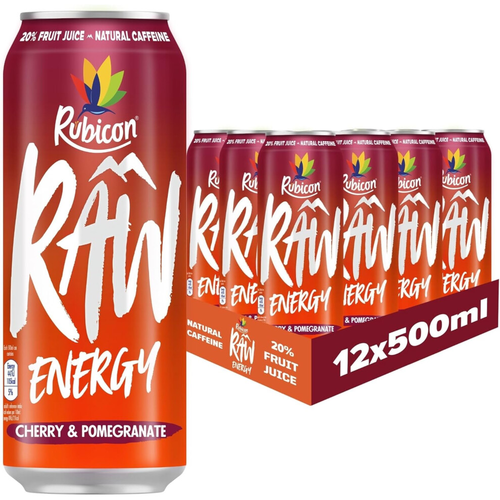 (Rubicon RAW 12 Pack Cherry & Pomegranate 500ml Energy Drink, 20% Real Fruit Juice, High caffeine with B-Vitamins, Ginsen) Rubicon RAW 12 Pack Apple &