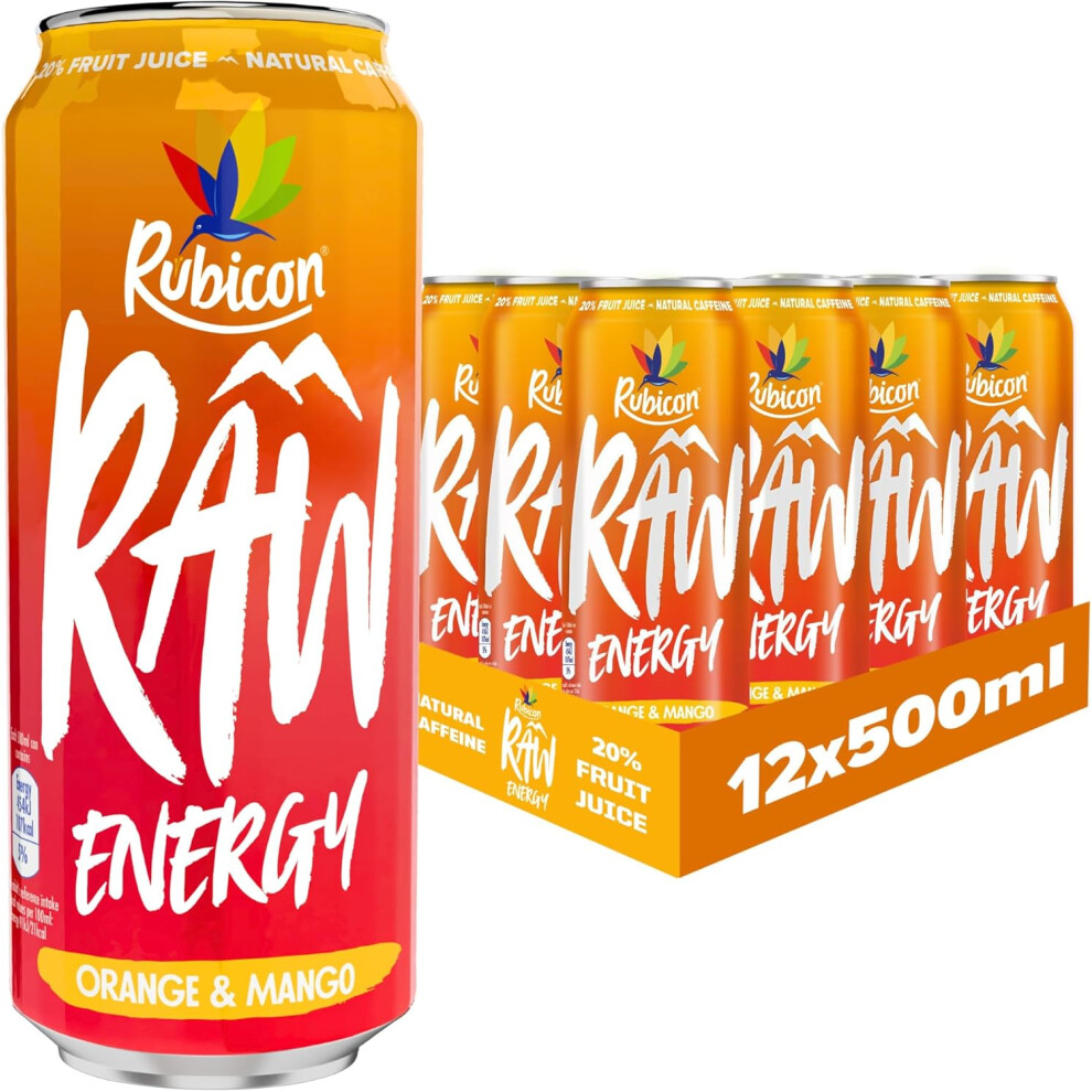 (Rubicon RAW 12 Pack Orange & Mango 500ml Energy Drink, 20% Real Fruit Juice, High caffeine with B-Vitamins, Ginseng & Gu) Rubicon RAW 12 Pack Apple &