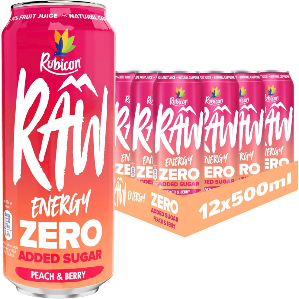 (Rubicon RAW 12 Pack Peach & Berry 500ml Energy Drink Zero Added Sugar + 10% Fruit Juice, High Caffeine with B-Vitamins, ) Rubicon RAW 12 Pack Apple &