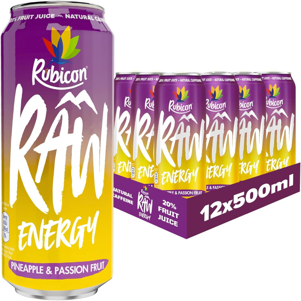 (Rubicon RAW 12 Pack Pineapple & Passion 500ml Energy Drink, 20% Real Fruit Juice, High caffeine with B-Vitamins, Ginseng) Rubicon RAW 12 Pack Apple &