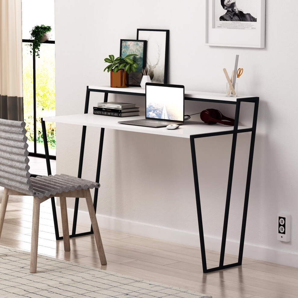 FWStyle Modern Home Office Student Study Desk Black Metal Frame Matt White