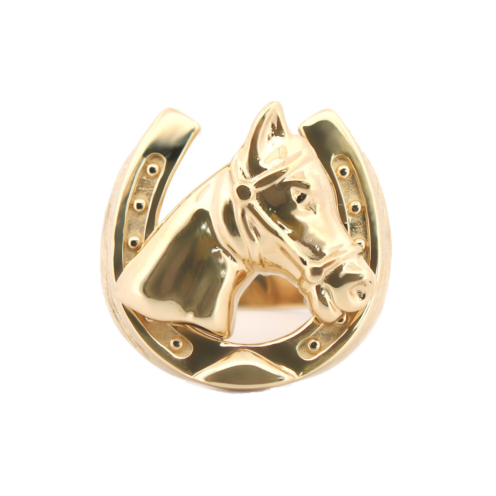 (U) Jewelco London Men's Solid 9ct Yellow Gold Tree Barked Horse Head Horseshoe Ring - JRN592