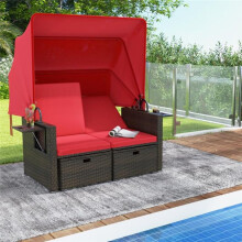Total Tactic HW72573RE Outdoor Patio Rattan Daybed with Retractable Canopy & Adjustable Backrests - Red