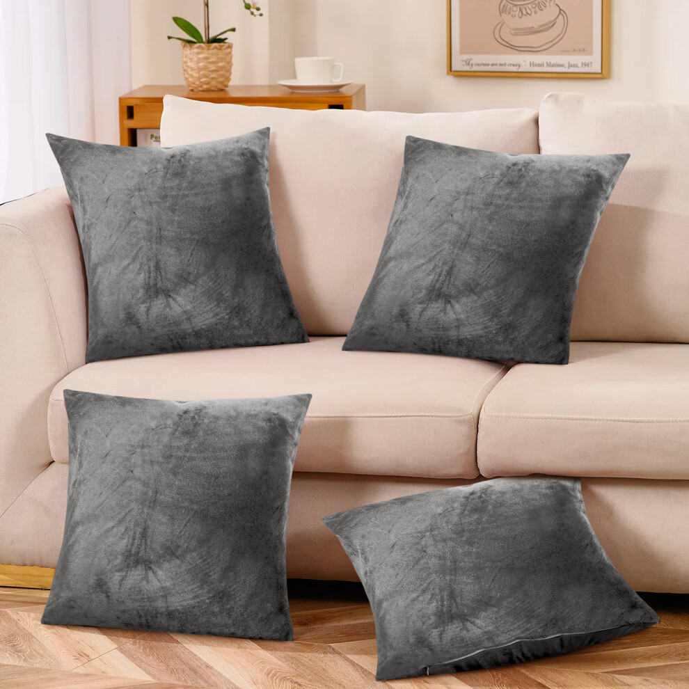 (4-Pack Grey Plain Velvet Cushion Cover) Velvet Cushion Cover Grey Decorative Square Pillow