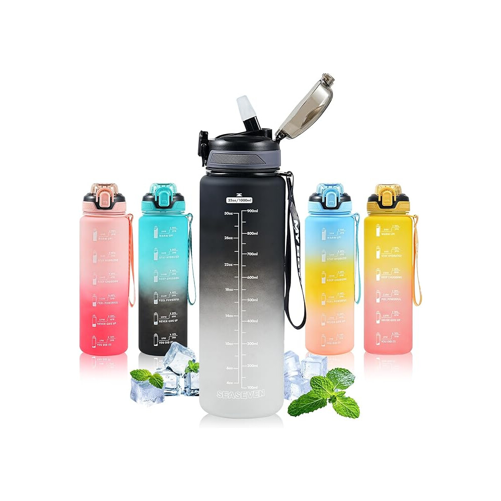 SEASEVEN 1L Water Bottle Straw,Plastic Drinks Bottle1 Litre Sports Time Markings Girls Boys Waterbottle Leak-Proof Bpa Free Gym,Cycling Office Outdoor
