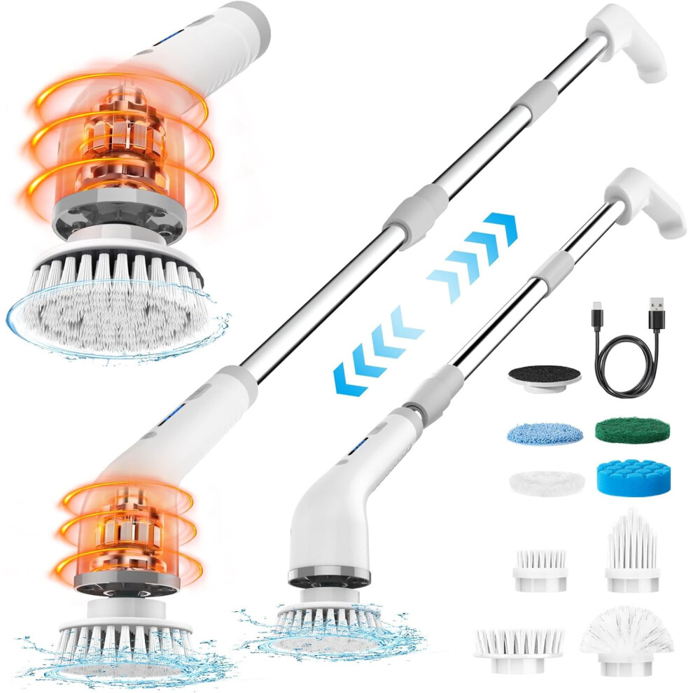 (132cm(Max.L), White) Electric Shower Cleaning Brush, Electric Cleaning Brush with 9 Replaceable Brush Heads and Long Adjustable Extension Handle for Shower, Bathroom