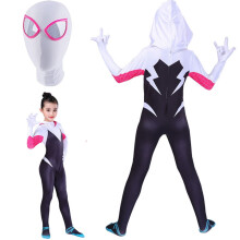 (white, 150cm/8-9Y) Girls Spider Superhero Costume Kids Halloween Cosplay Bodysuit Jumpsuit