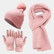 (Pink) Women Thick Knit Hat Scarf And Gloves Set Winter