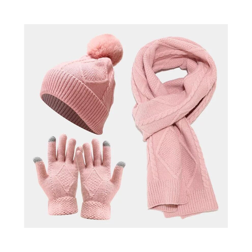 (Pink) Women Thick Knit Hat Scarf And Gloves Set Winter