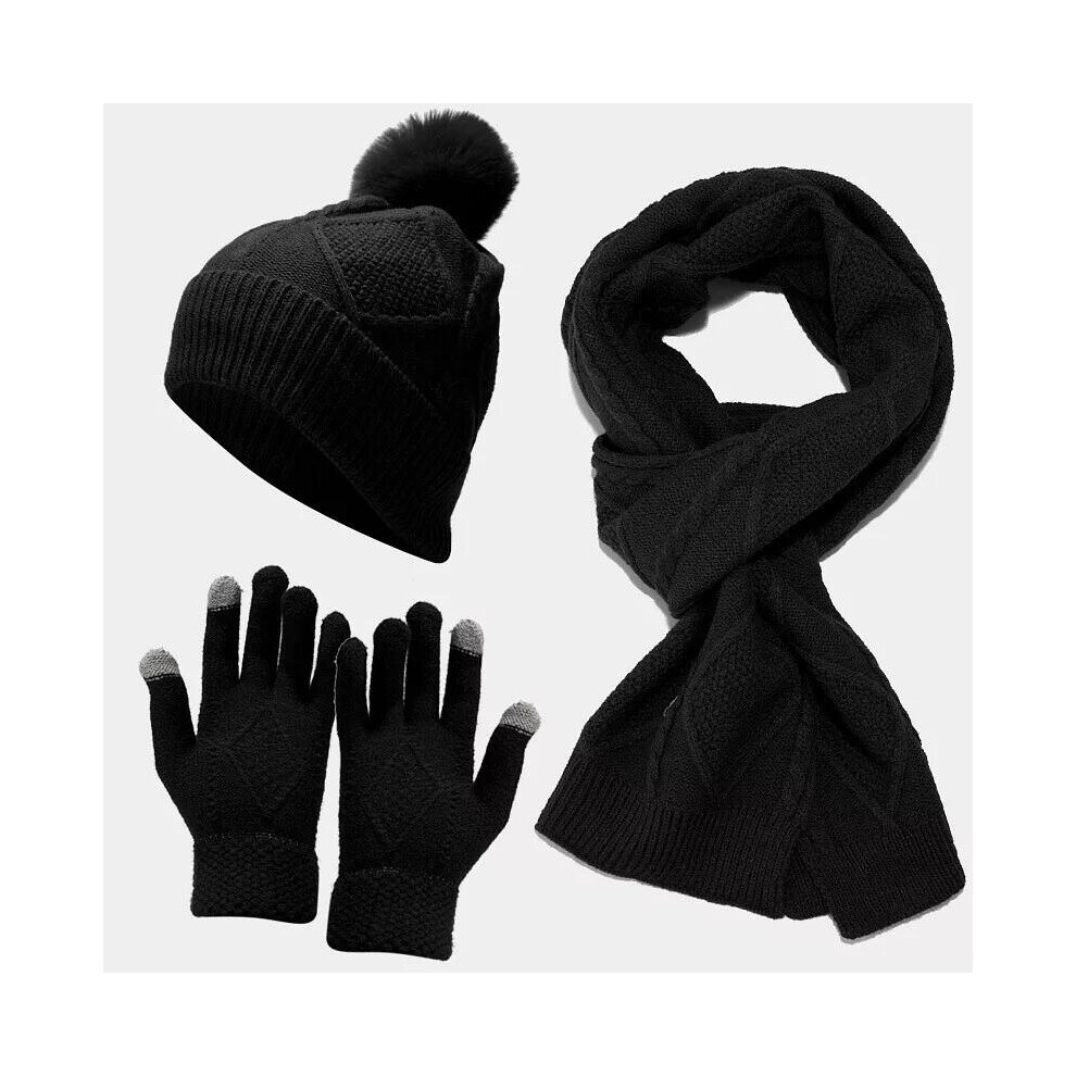 (Black) Women Thick Knit Hat Scarf And Gloves Set Winter