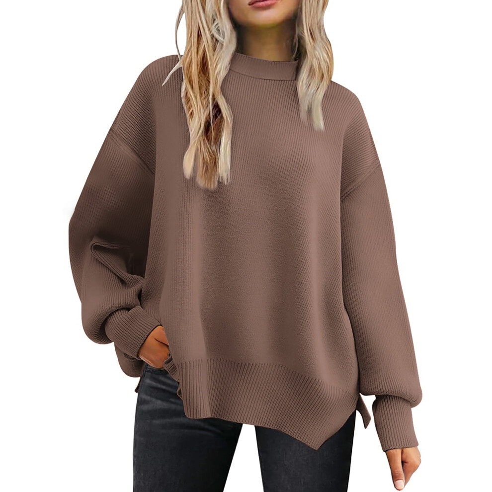 (coffee, L) MOSHU Crewneck Sweaters for Women Drop Shoulder Long Sleeve Tops Side Slit Oversized Pullover Sweaters-image-OPC-PFHD5WY-NEW
