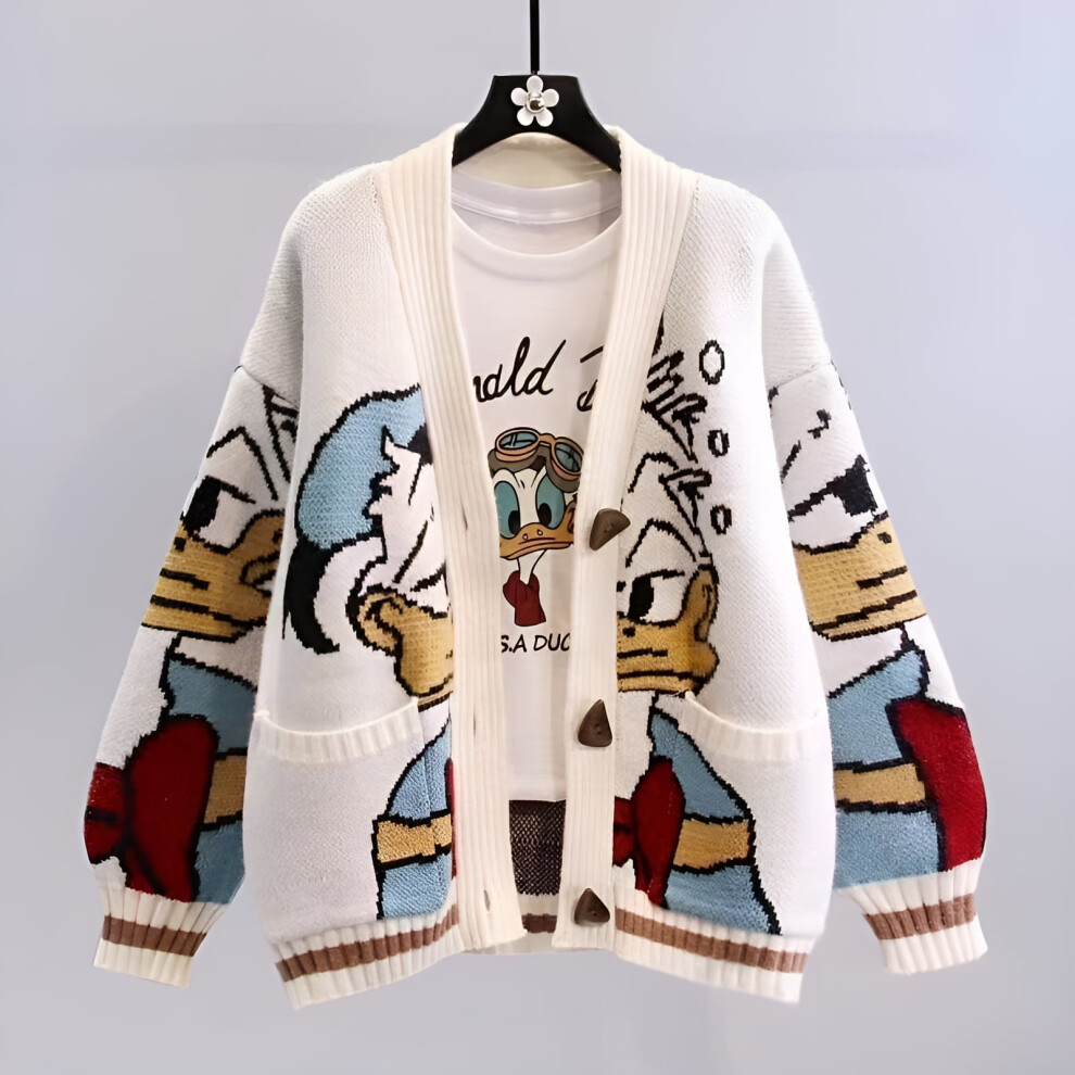 (white, XL) LOVE DOCK Donald Duck Long Sleeve Autumn Winter Cardigan Jumper Tops Turtleneck Pullovers Casual Sweaters Women Loose Sweater Girl