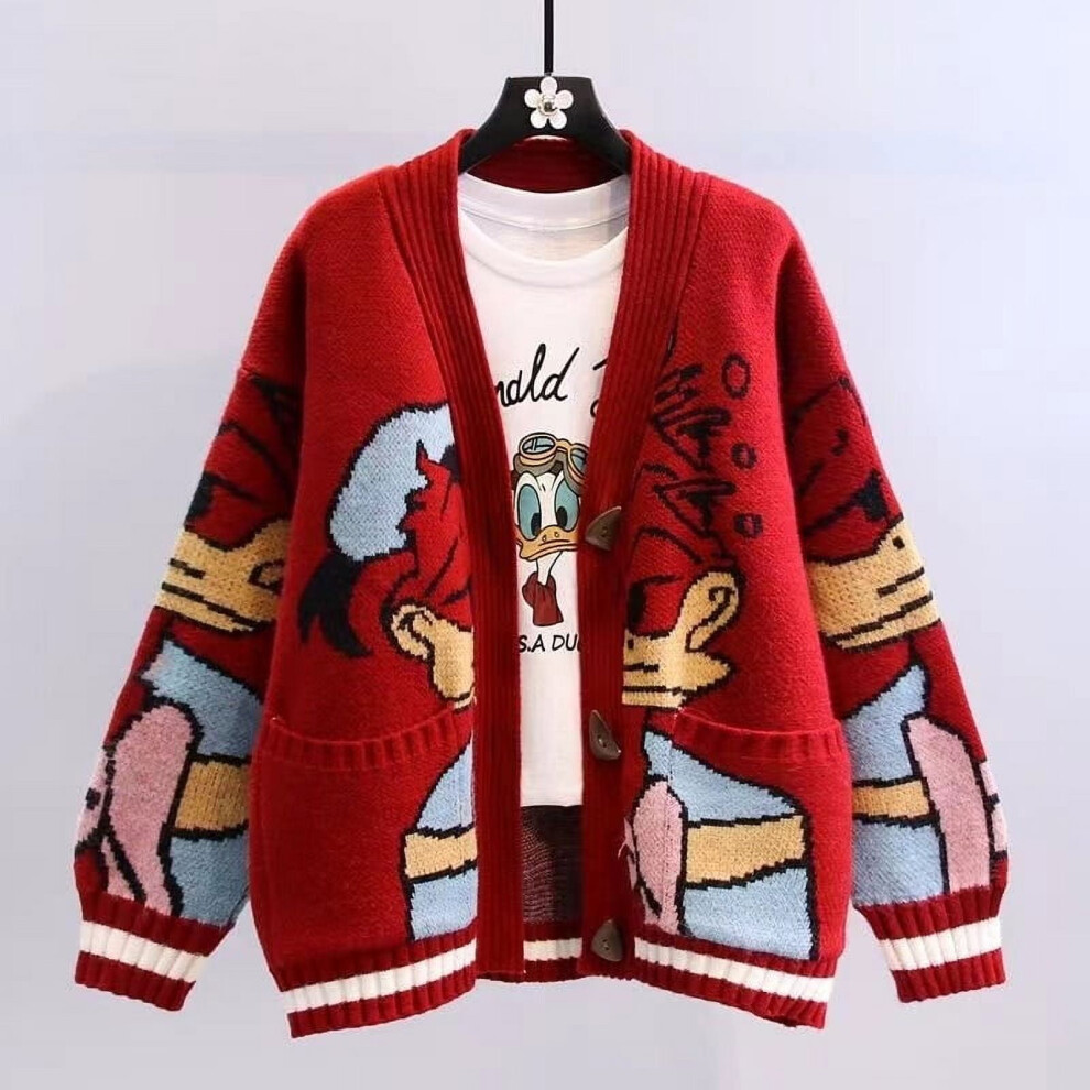 (red, XL) LOVE DOCK Donald Duck Long Sleeve Autumn Winter Cardigan Jumper Tops Turtleneck Pullovers Casual Sweaters Women Loose Sweater Girl
