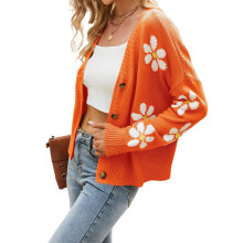 (orange, L) HUBERY Women Daisy Print Single-Breasted Long Sleeve Knitwear Cardigan