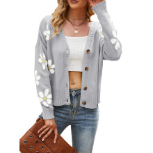 (gray, XL) HUBERY Women Daisy Print Single-Breasted Long Sleeve Knitwear Cardigan
