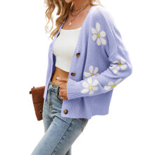 (lightpurple, M) HUBERY Women Daisy Print Single-Breasted Long Sleeve Knitwear Cardigan