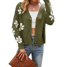 (green, S) HUBERY Women Daisy Print Single-Breasted Long Sleeve Knitwear Cardigan