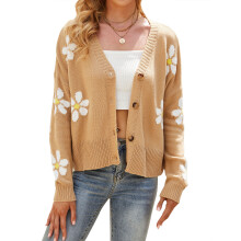 (lighttan, XL) HUBERY Women Daisy Print Single-Breasted Long Sleeve Knitwear Cardigan