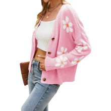 (lightpurple, S) HUBERY Women Daisy Print Single-Breasted Long Sleeve Knitwear Cardigan
