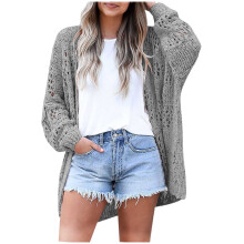 (gray, M) Lightweight Summer Fall Cardigan for Women Spring Open Front Long Batwing Sleeve Netted Crochet Cardigans Sweaters
