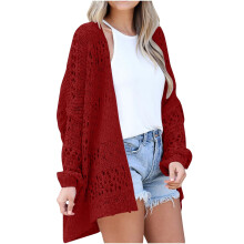 (red, S) Lightweight Summer Fall Cardigan for Women Spring Open Front Long Batwing Sleeve Netted Crochet Cardigans Sweaters