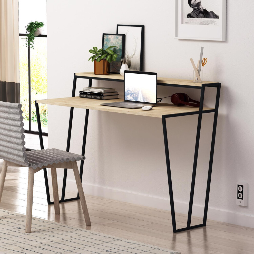 FWStyle Modern Home Office Student Study Desk Black Metal Frame Natural Oak