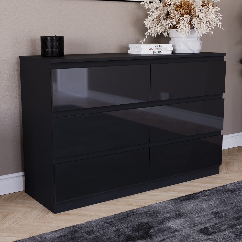 (Black) Glinton Modern 6 Drawer Chest Bedroom Home Storage