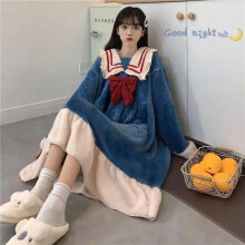 (981, L(47.5kg-55kg)) Municipal Sailor Collar Nightgown Sleepwear Womens Fleece Night Dress Winter One Piece Pajamas Style Bow Knee Length Home Wear