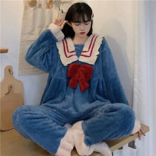 (982, XL(55kg-62.5kg)) Municipal Sailor Collar Nightgown Sleepwear Womens Fleece Night Dress Winter One Piece Pajamas Style Bow Knee Length Home Wear