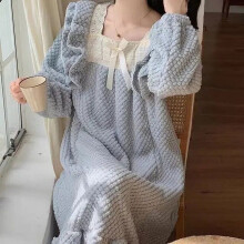 (blue, XXXL(75kg-85kg)) Municipal Fleece Nightgown Lace Sleepwear Womens Ruffles Night Dress One Piece Pajamas Style Winter Knee Length Bow Home Wear