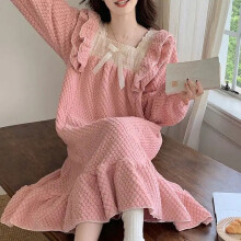 (pink, M(40kg-50kg)) Municipal Fleece Nightgown Lace Sleepwear Womens Ruffles Night Dress One Piece Pajamas Style Winter Knee Length Bow Home Wear
