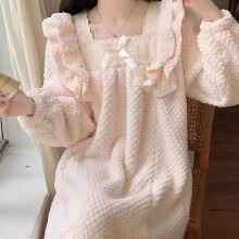(beige, XXXL(75kg-85kg)) Municipal Fleece Nightgown Lace Sleepwear Womens Ruffles Night Dress One Piece Pajamas Style Winter Knee Length Bow Home Wear