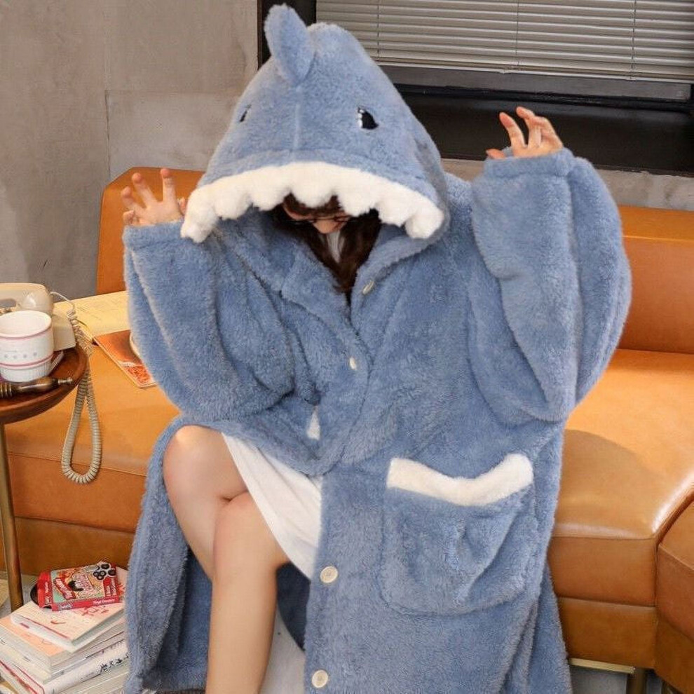 (xl(70kg, blue) LunaGlo Shark Robe Women Sleepwear Nightdress Fleece Pajama One Piece Nightgown Button Long Sleeve Homewear
