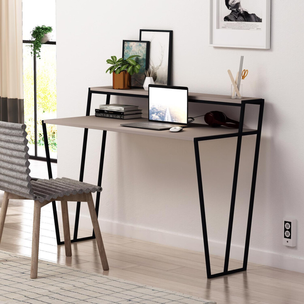 FWStyle Modern Home Office Student Study Desk Black Metal Frame Mocha Grey