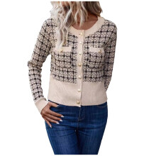 (beige, XS) Womens Oversize Chunky Sweater Plaid Pattern 2024 Spring and Autumn Detail Front Button Down Cardigan