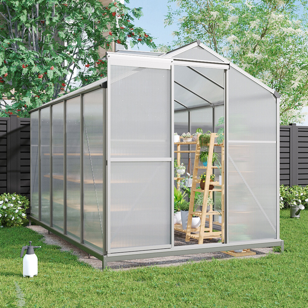 Polycarbonate Greenhouse Aluminium Frame Walk In Garden Green House with Base Foundation Silver 10x6 ft