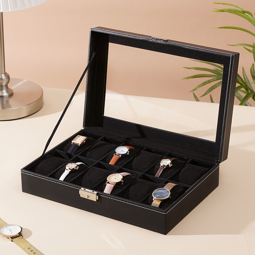 12-Slot Black Synthetic Leather Watch Display Box with Glass Lid
