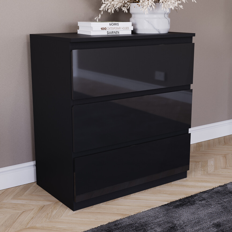 (Black) Glinton Modern 3 Drawer Chest Bedroom Home Storage